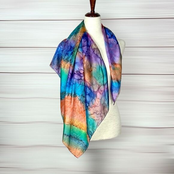 Silk Square Scarf by Lotus Watercolor Tie Dye 35" Blue Orange Green Hand Rolled - Picture 8 of 11